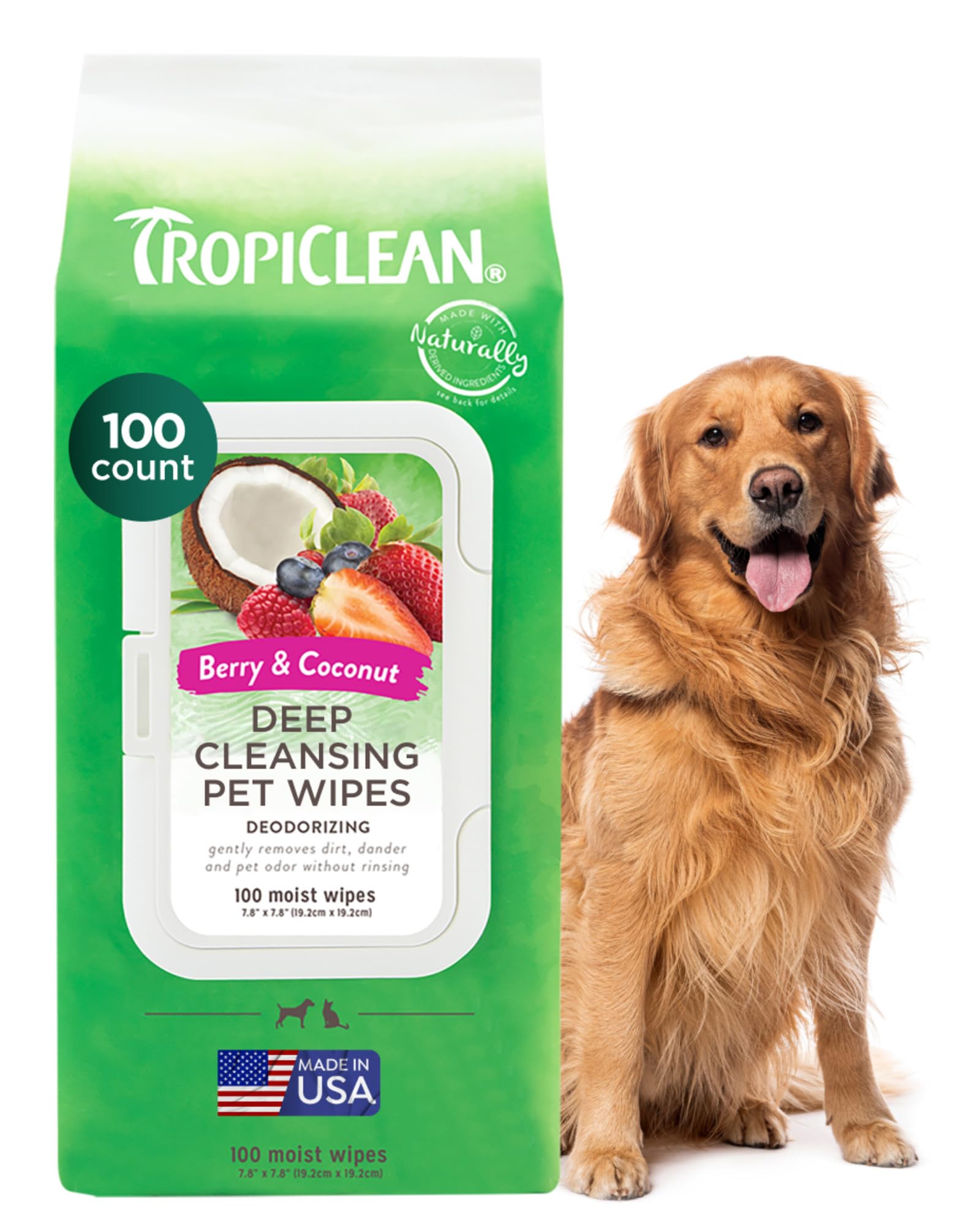 TropiClean Dog Wipes Grooming - Deep Cleaning & Deoderising Wipes for Dogs & Cats - Removes Dirt, Dander & Odour - For Pet Paws, Face, Body & Butt, Sweet Berry & Coconut, 100ct