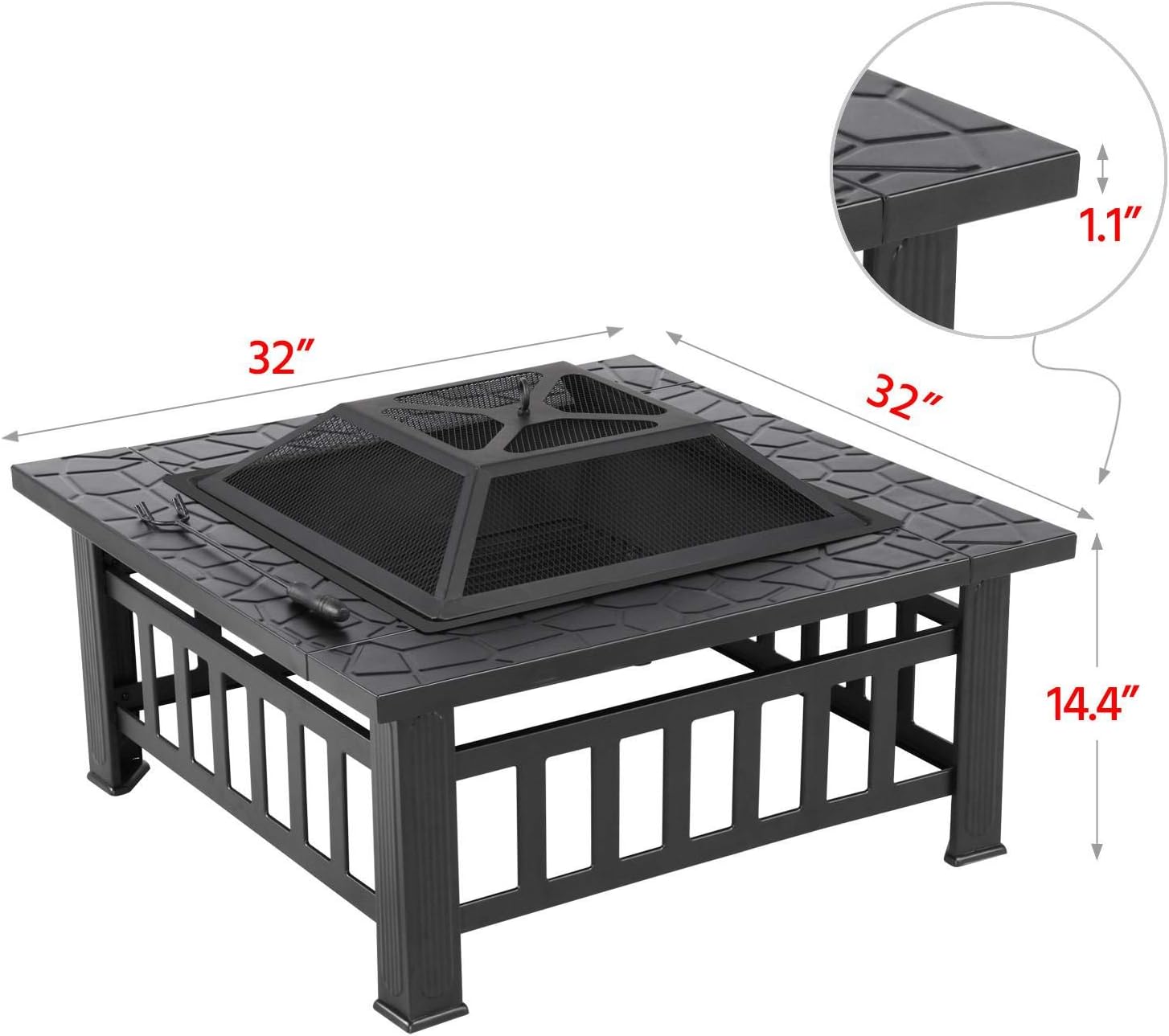 YAHEETECH 32in Outdoor Metal Firepit Square Table Backyard Patio Garden Stove Wood Burning Fire Pit with Spark Screen, Log Poker and Cover: Sports & Outdoors
