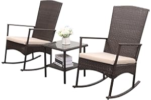 RATTANER Outdoor PE Wicker Rocking Chair 3-Piece Patio Rattan Bistro Set 2 Rocker Armchair and Glass Coffee Side Table Furniture Washable Lacing Khaki Cushions