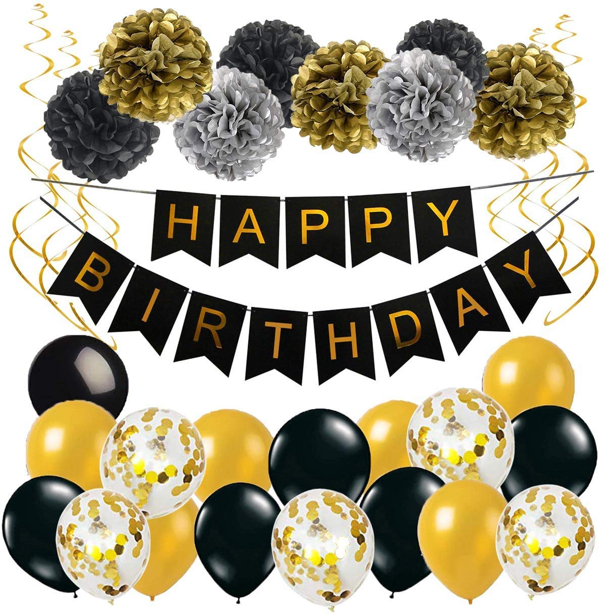Happy Birthday Party Decoration Kit Black and Gold with Tissue Pom Poms、Party Balloons、Hanging Swirls and Other Birthday Party Supplies