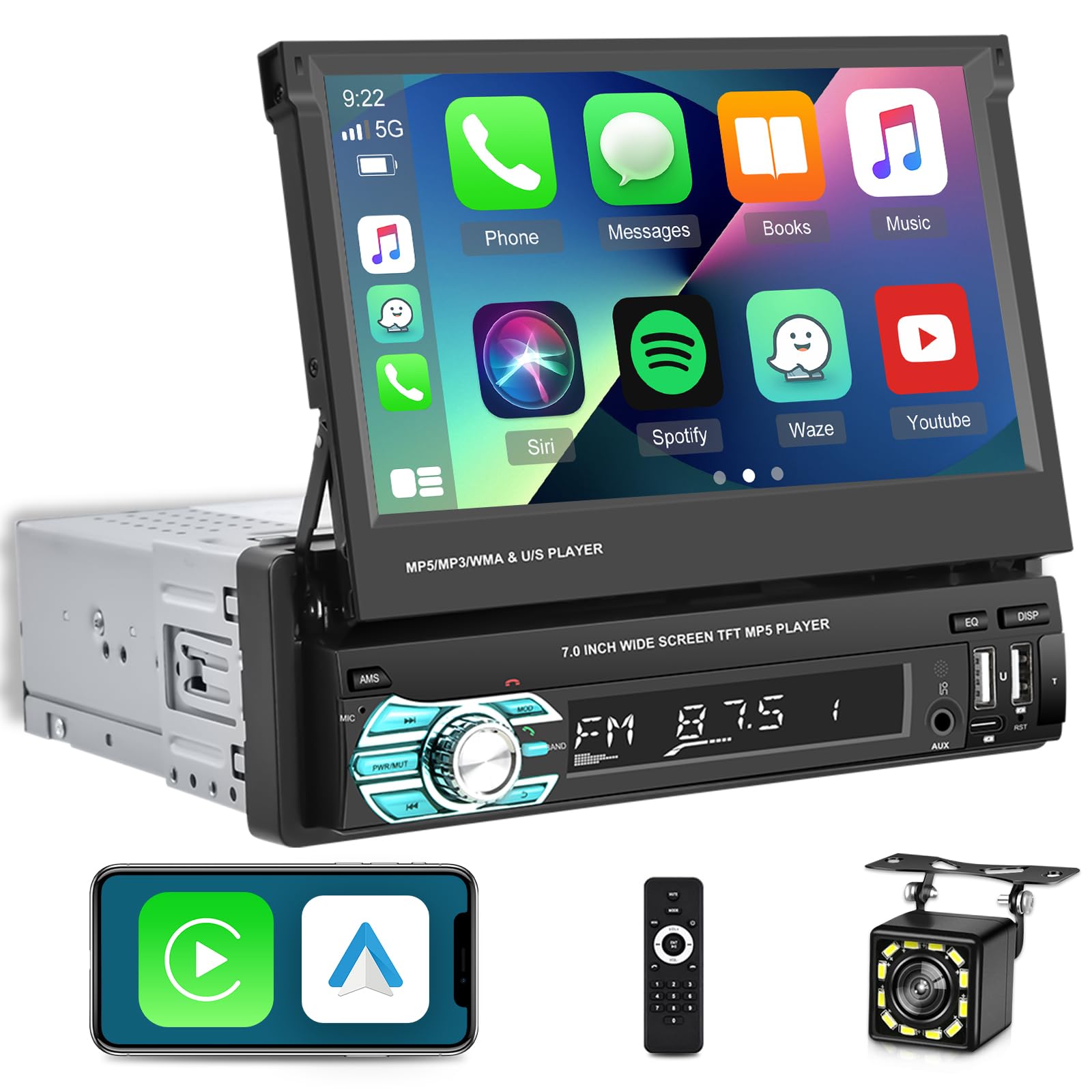 Photo 1 of Single Din Flip Out Screen Car Stereo with Wireless Carplay and Android Auto, 7 inch 1 Din Touch Screen Radio Support Bluetooth/SWC/USB/FM + Backup Camera + Mic + Remote Control