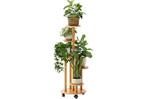 kiplant Bamboo Corner Plant Stand with Wheels, 5 Tiered for Indoor Plants Multiple, Window Garden Balcony Living Room