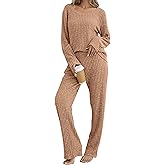 Kocowoo Women's Ribbed Knit Pajama Set Long Sleeve 2 Piece Loungewear Outfits Soft Pj Clothing Set with Pockets
