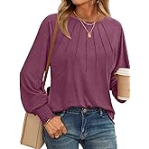 Women's Tops Dressy Casual Long Sleeve Pleated Shirts Crewneck Loose Basic T-Shirt Blouses 2024 Trendy Fall Clothes