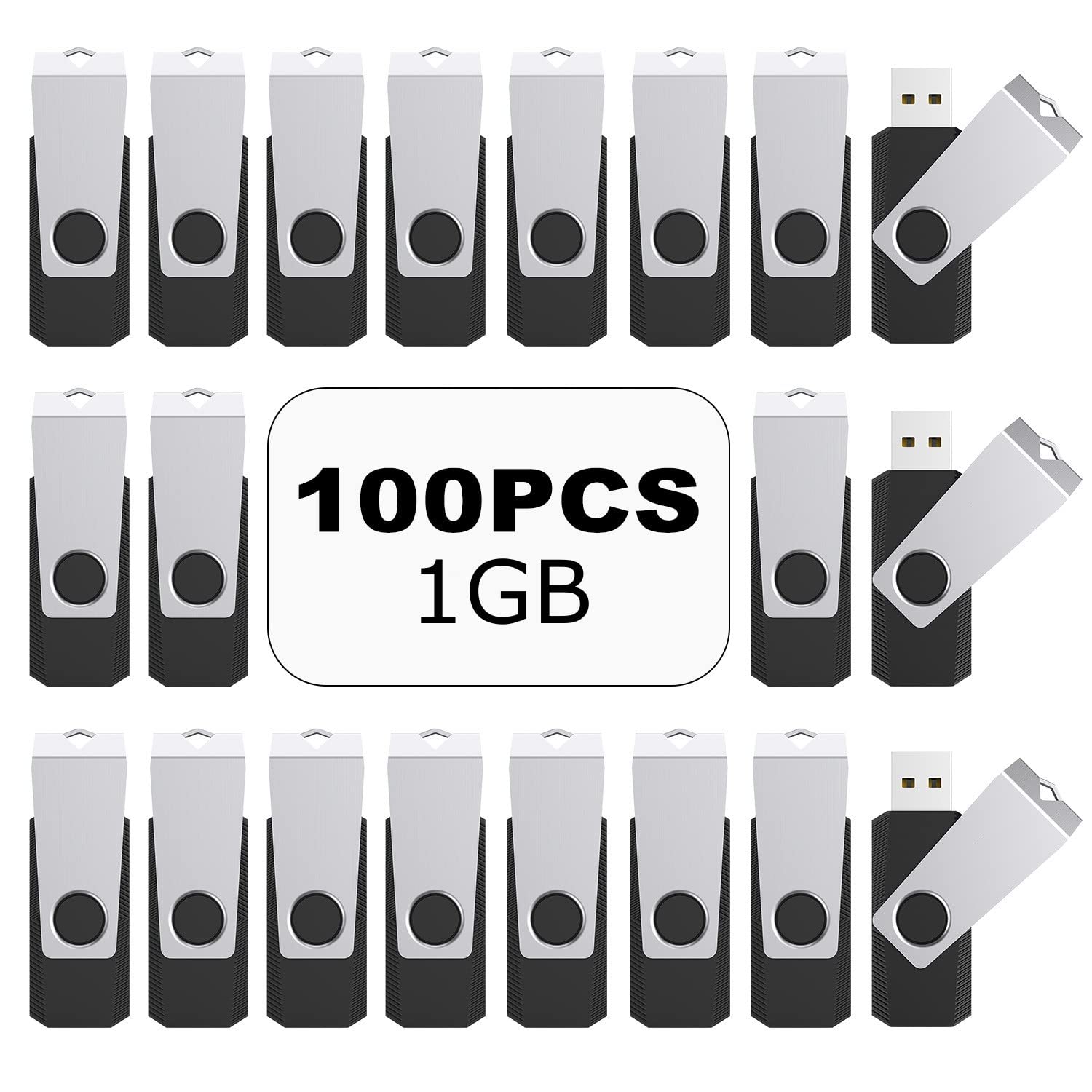 TOPSELL 100PCS 1GB USB 2.0 Flash Drive Bulk Pack Memory Stick Swivel Thumb Drives Pen Drives (1G, 100 PCS, Black)