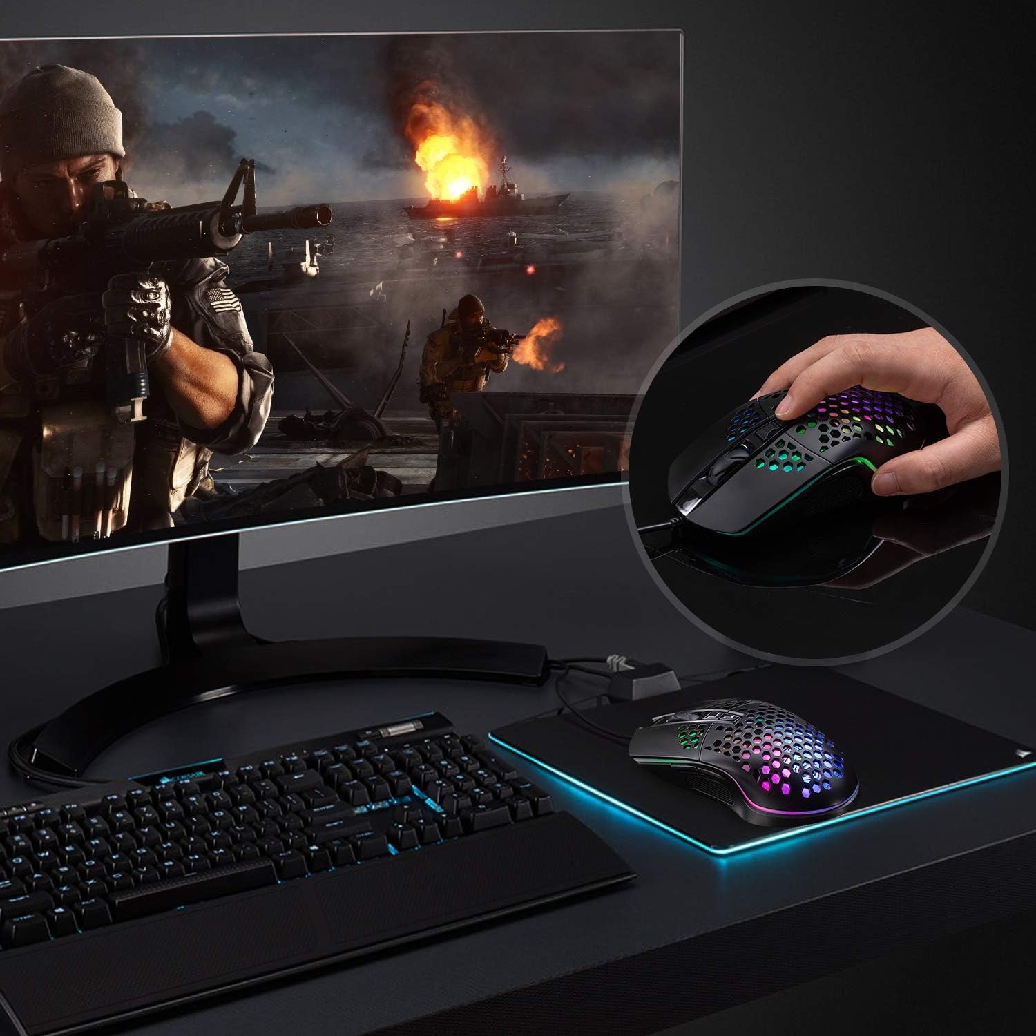 Lightweight Gaming Mouse, Wired USB PC Gaming Mice with Ultralight Honeycomb Shell, RGB Chroma LED Light, 6400 DPI Adjustable, Pixart 3325, Programmable 7 Buttons Mouse for Windows 7/8/10/XP: Computers & Accessories