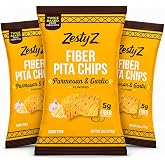 Zesty Z 5g Fiber Pita Chips High Fiber Chips Parmesan Garlic | Dairy Free Pita, 3g Protein, 100 Cal, 2 WW Points GLP1 Snacks, Healthy Chips, Twice Baked, Not Fried, 6oz Bags, 3 Pack (18oz)