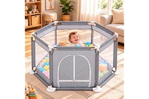 Cercadinho Infantil Bebê Cercado Chiqueirinho Portátil e Desmontável com Tela, Hexagonal,Porta com Zíper e Bolsa de Transporte 107x63 cm Cinza, EcoToy