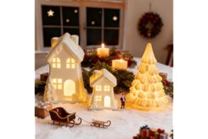 NEROSUN Ceramic Christmas Village Houses, 3Pcs LED Lighted Porcelain White Small House and Xmas Tree Tabletop Figurines, Light Up Christmas Decorations for Home Shelf Cabinet Table Winter Decor