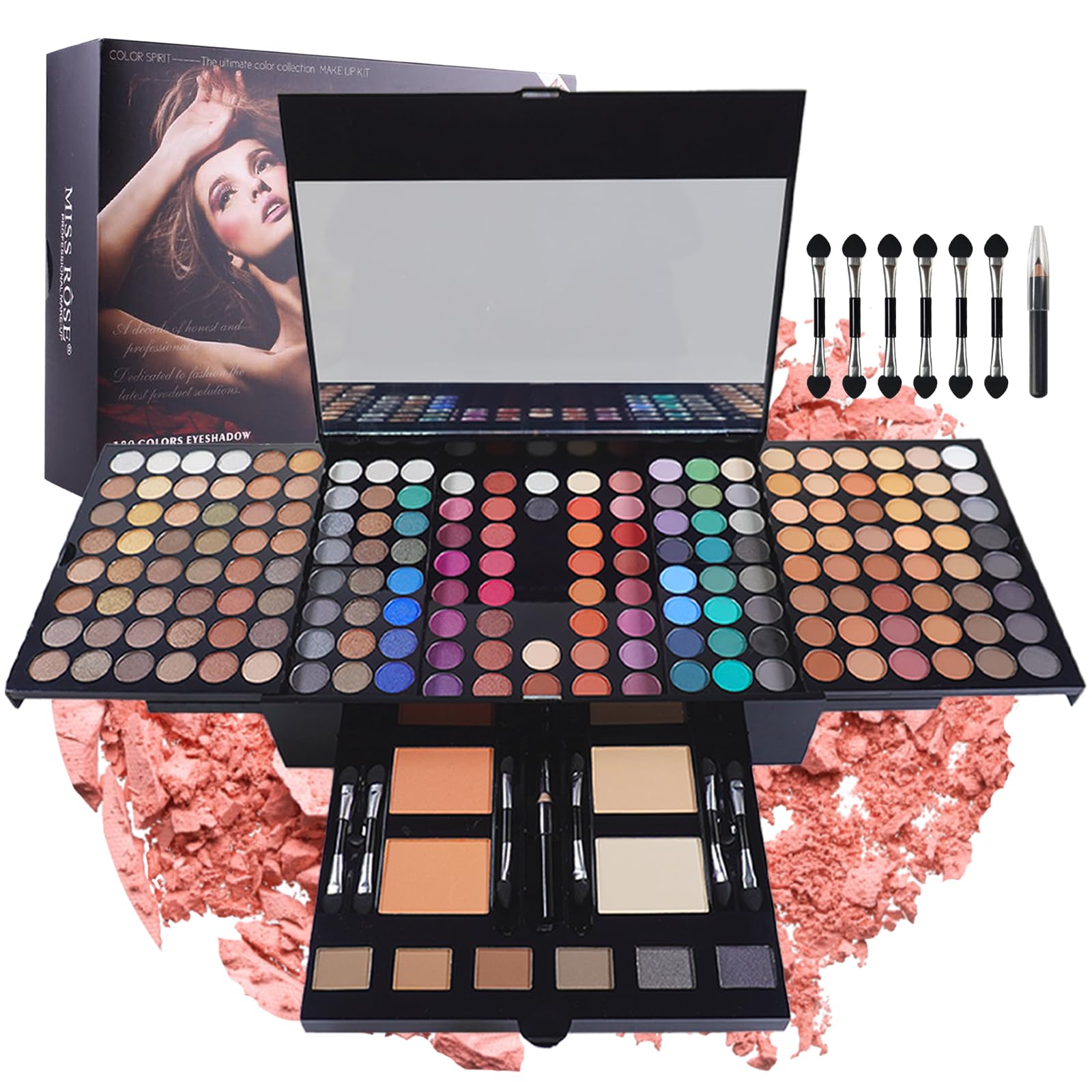 Professional Makeup Set for Women, All In One Makeup Gift Set for Teens, 180 Color Eyeshadow Palette 2 Blush 2 Powder 1 Eyeliner 4 Eyebrow, Make Up Sets with Matte Shimmer Mixing Pallet Eye Shadow