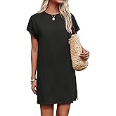 AI'MAGE Women's Coverups Short Sleeve T-Shirt Dress Casual Side Slit Loose Fit Knee Length Beach Mini Dress S-XXL