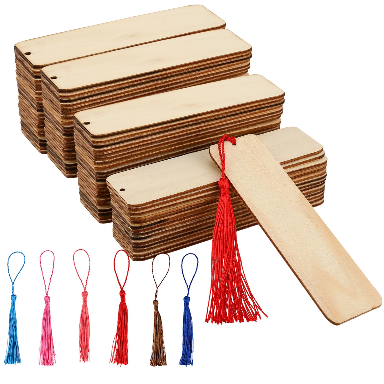HAKZEON 144 Pcs Wood Blank Bookmarks Set, 72 Pcs DIY Craft Wooden Blank Bookmarks with Holes and 72 Pcs Colorful Tassel, Rectangle Bookmark for Wedding, Party, Handmade Decor, 12x3.2cm