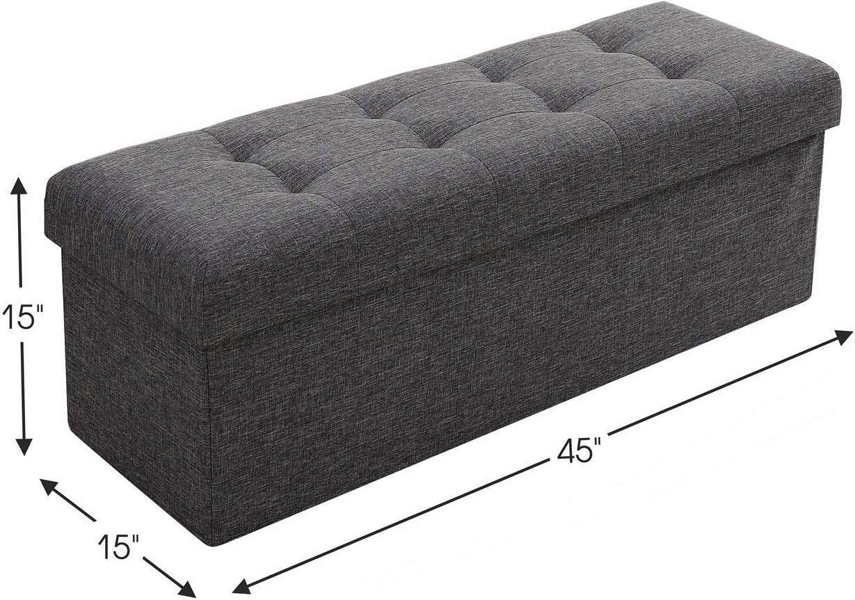 Ornavo Home Foldable Tufted Linen Large Storage Ottoman Bench Foot Rest Stool/Seat - 15" x 45" x 15" (Charcoal): Kitchen & Dining