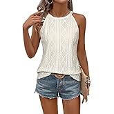 BLENCOT Casual Crochet Knit Tanks Tops for Women Sleeveless Eyelet Textured Solid Color Halter Neck T Shirts Top Blouse