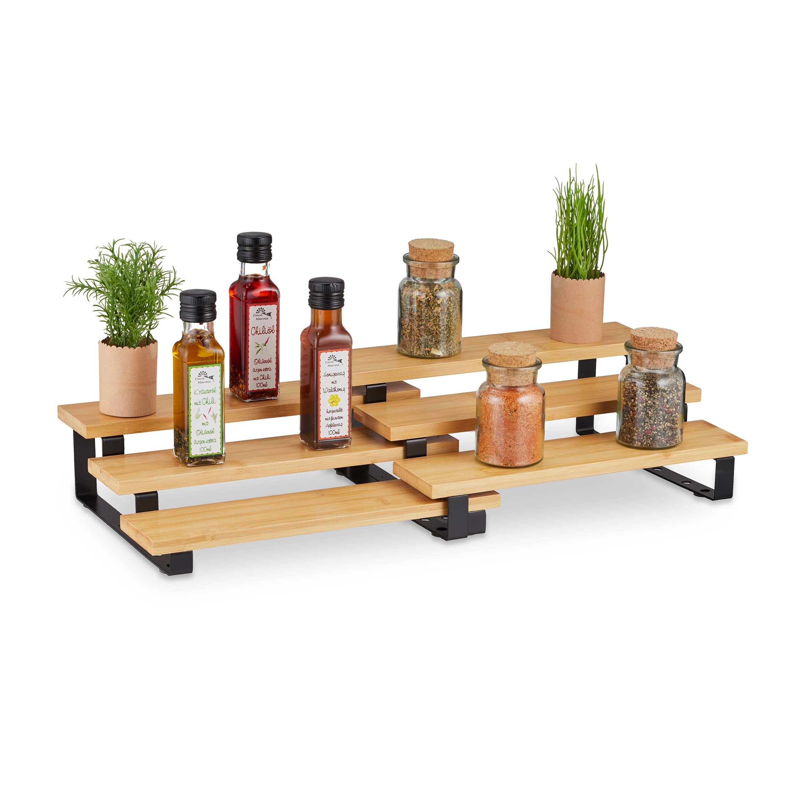 Relaxdays Spice Rack, Pull Out Levels, 3 Tiers, Adjustable, Bamboo, HxWxD: 11.5 x 32 x 24.5 cm, Herb Storage, Natural