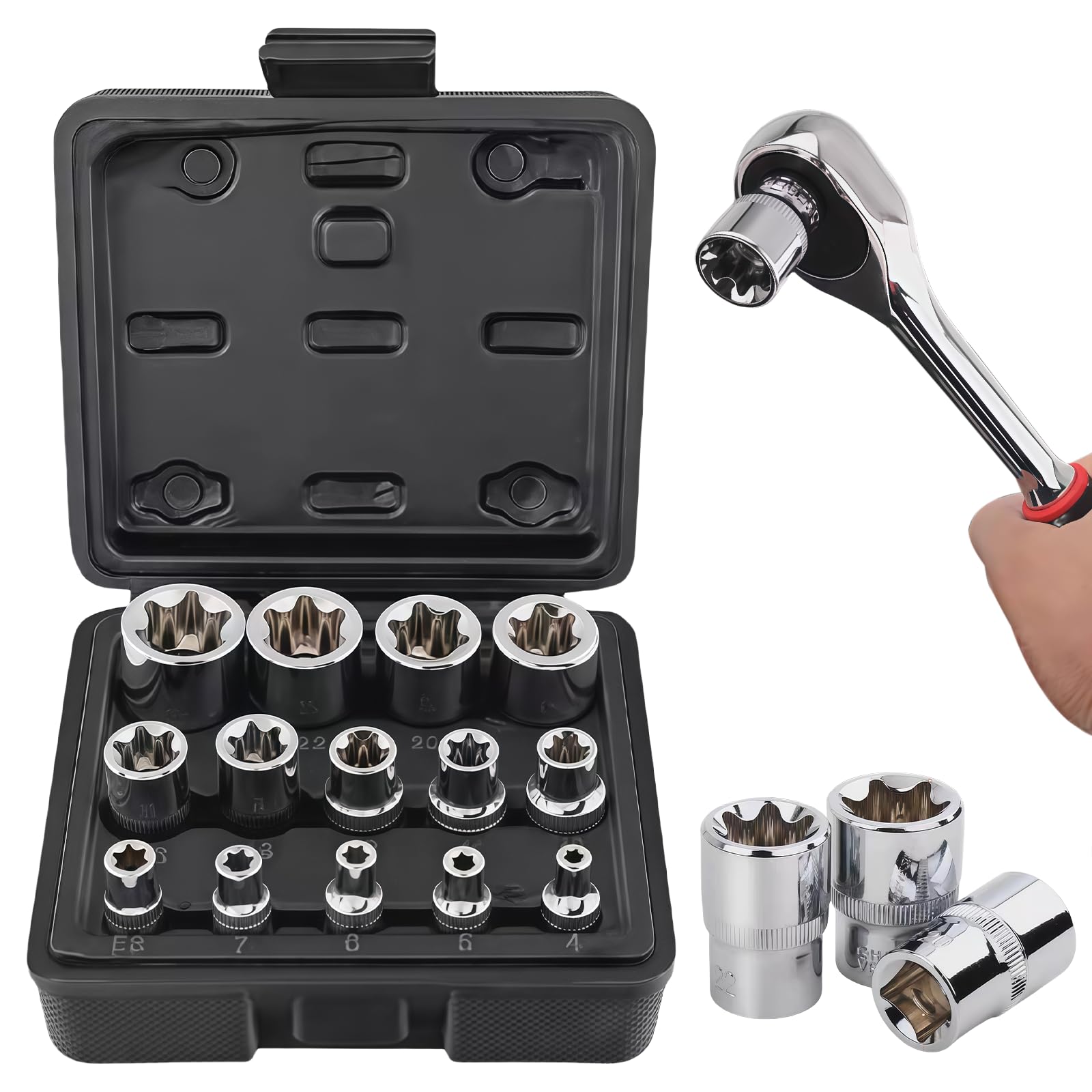 LEKEFETO 14-Teiliges Außen Torx Steckschlüssel Set 1/2'', 1/4'', 3/8'', Torx E Nüsse E4-E24 aus CR-V, Schraubenausdreher Satz, Muttern Entferner Set, Spiral-Profil-Steckschlüssel-Satz Bolzen Extraktor