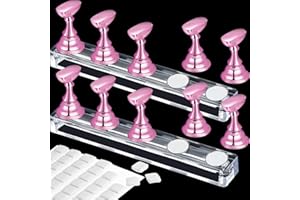 Blulu 2 Set Nail Stand for Painting Press Nail Holder Acrylic Magnetic Tips Training Fingernail Display Stands DIY Crystal Holders and 96 Pieces White Reusable Adhesive Putty(Metal Pink)
