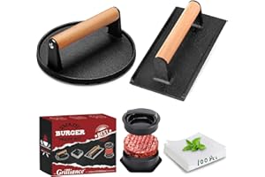 Grilliance 5pcs Smash Burger Press Kit, 3 in 1 Hamburger Press Patty Maker, Cast Iron Burger Press Round & Rectangle, 100pcs Wax Paper for Grill, Griddle, Flat top, Kitchen, Cooking