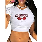 Women's Graphic Crop Tops Short Sleeve Baby Tees Rhinestone Top Y2k Summer Fitted Basic T Shirts