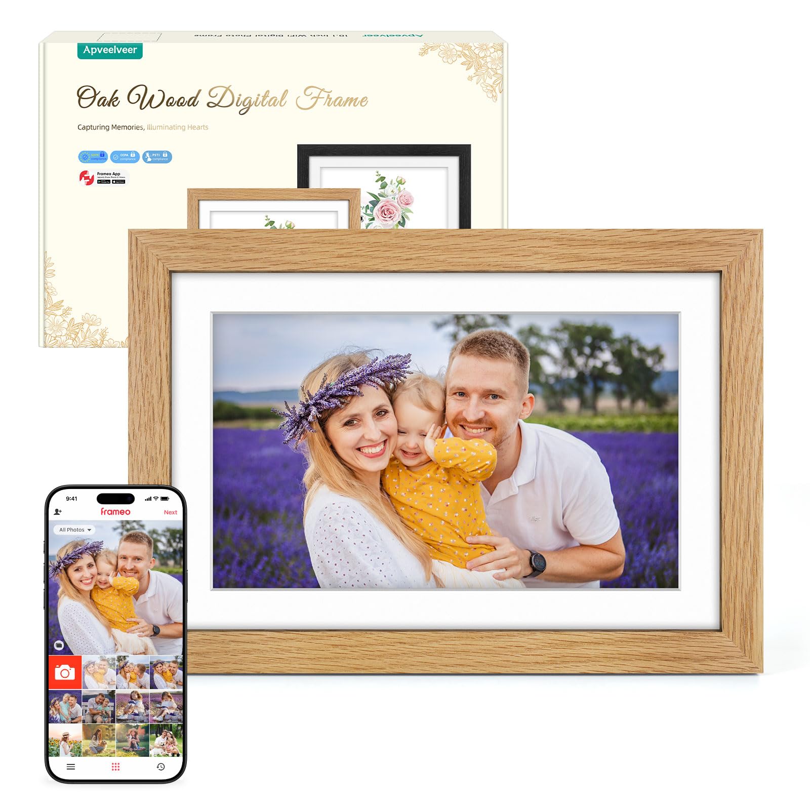 Digital Photo Frame WiFi Oak Wood Frame, Frameo Digital Picture Frame 10.1 Inch, 32GB Memory, 1280 * 800 HD IPS Touchscreen, Auto-Rotate, Share Photos Videos via Frameo APP