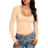 YYA Women's U-Neck Long Sleeve Shirt Base Layer Undershirt Super Soft & Lightweight Basic Tees for Women Going Out Tops S-XXL