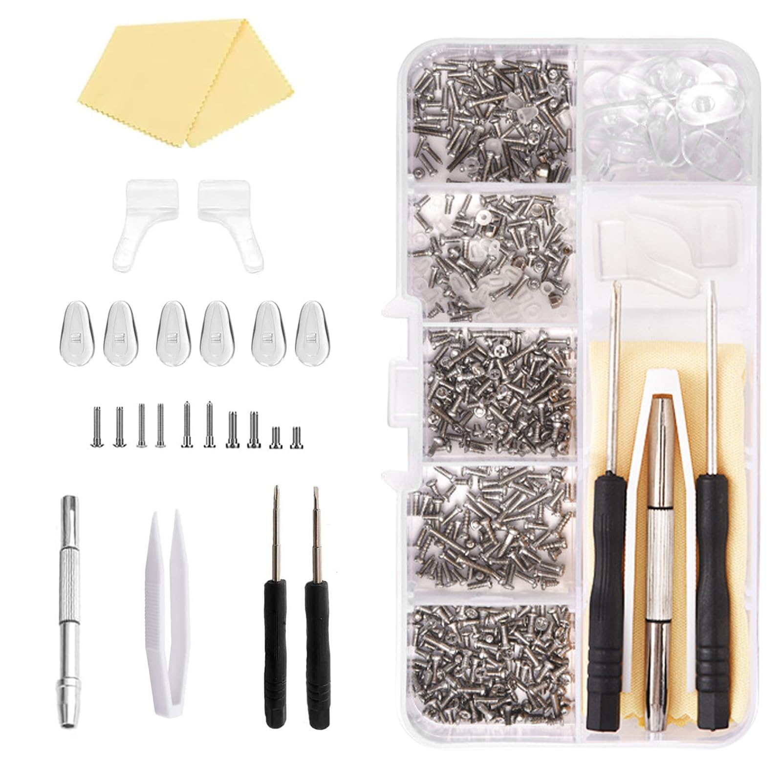 1000 Pcs Glasses Repair Tool Kit Spectacles Repair Screws Set Eyeglasss Sunglass Glasses Repair Tool Kit Set with Mini Screwdriver, Screws Nuts, Glasses Cloth, Silicone Nose Pads, Tweezer