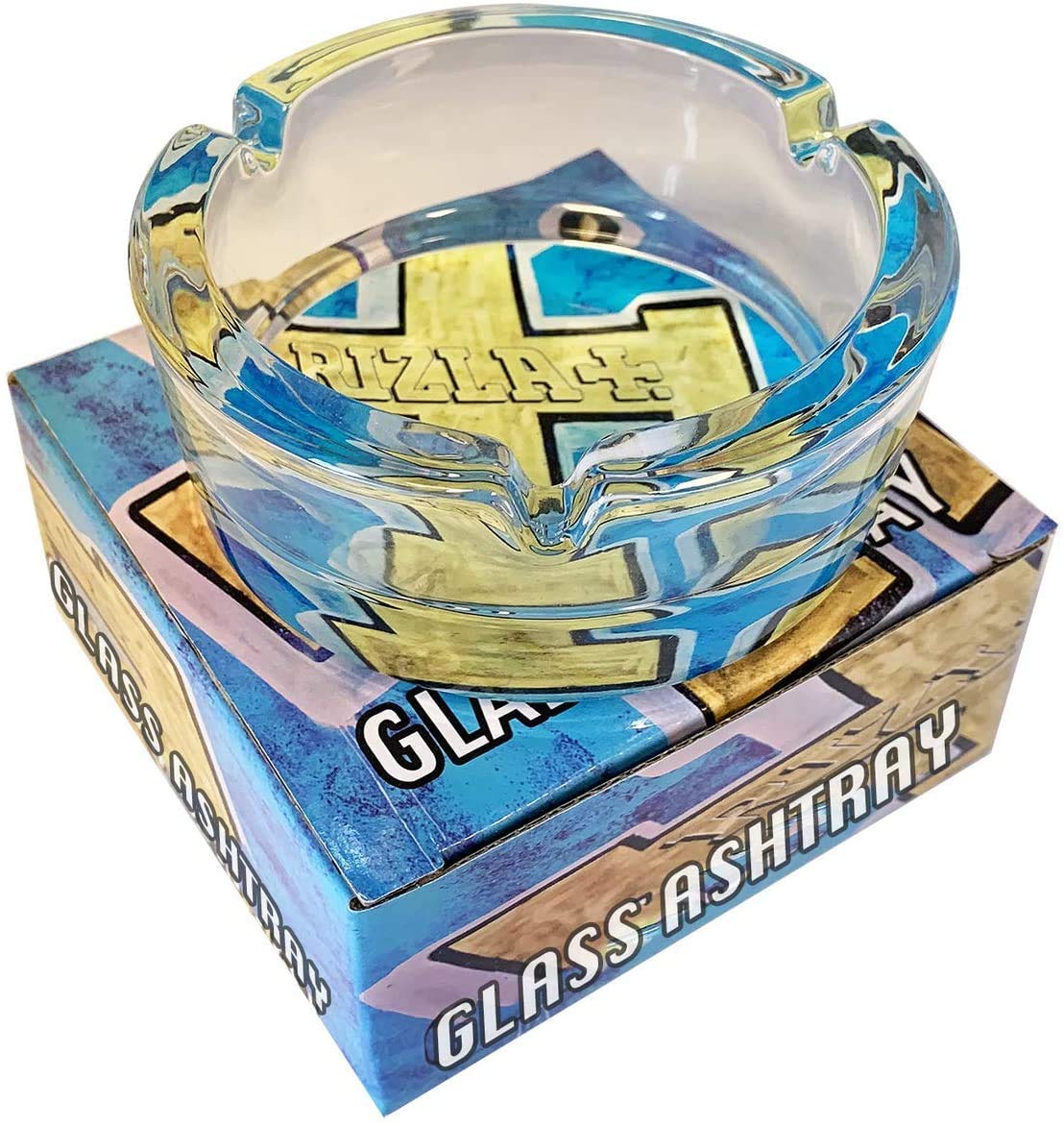 Rizla Glass Ashtray Smoking Cigarette Round Ash Tray by Premier Life (Blue Design)