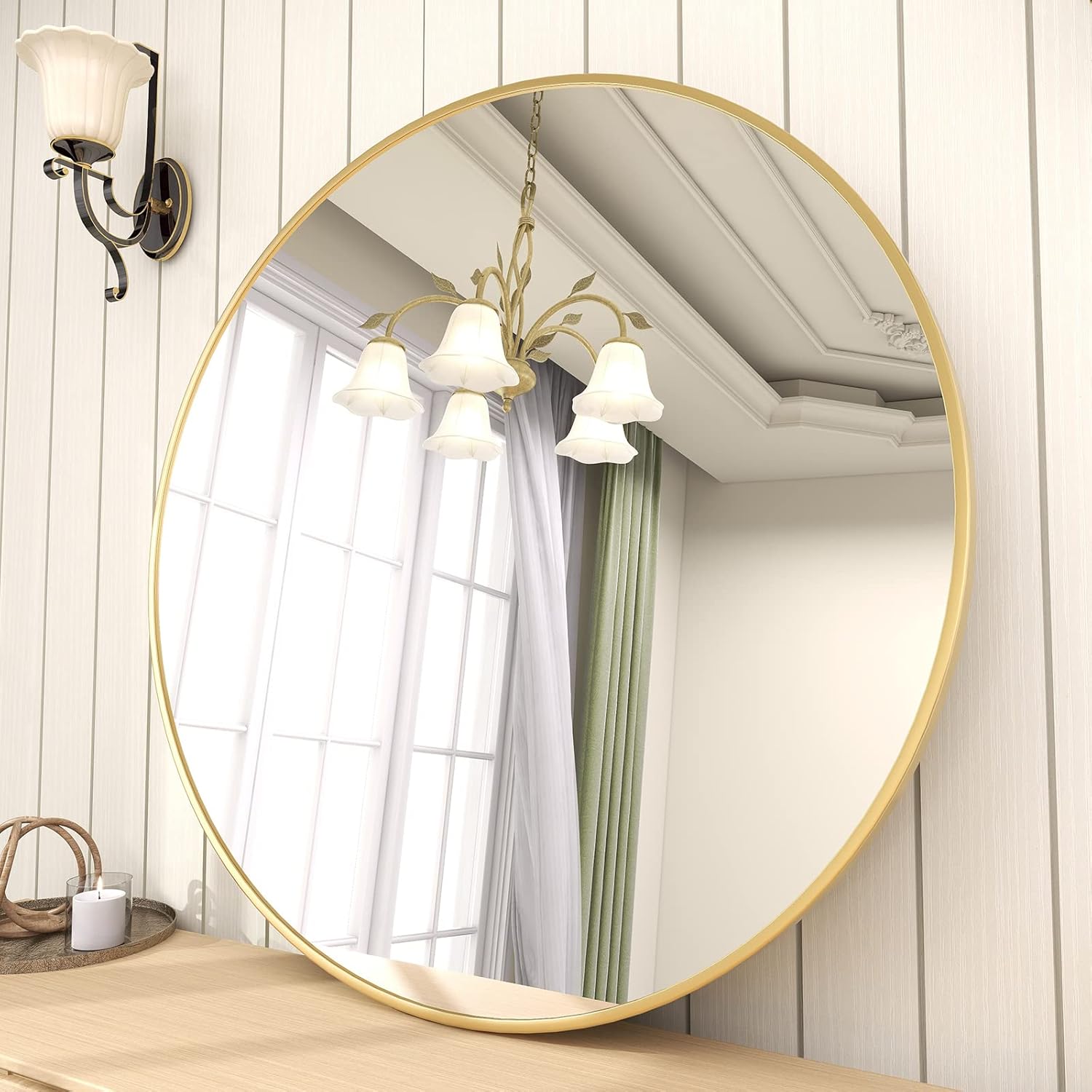 Mirrors - BEAUTYPEAK 24 Inch Round Mirror, Gold Metal Frame Circle Mirror, Wall Mirror for Entryway, Bathroom, Vanity, Living Room, Gold Circle Mirror