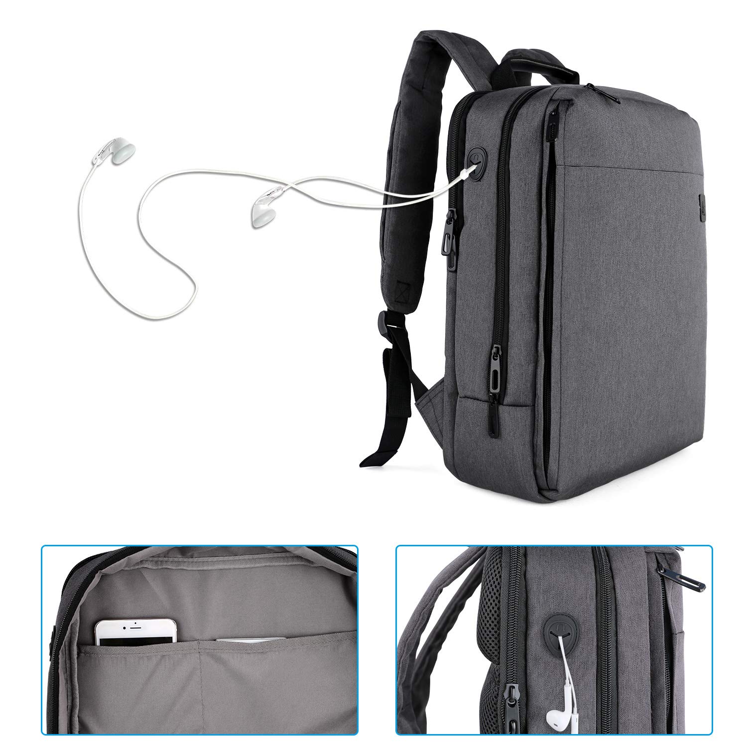 Cai 7331 Large Business Travel Backpack, Durable Multi-Functional Water Resistant, School College Commuting Bag with Headphones Port and luggage strap 15.6 \