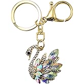 Evenchae Iridescent Swan Keychain - Rhinestones, Drawstring Bag, Gold Filigreed Back - 4 In Long