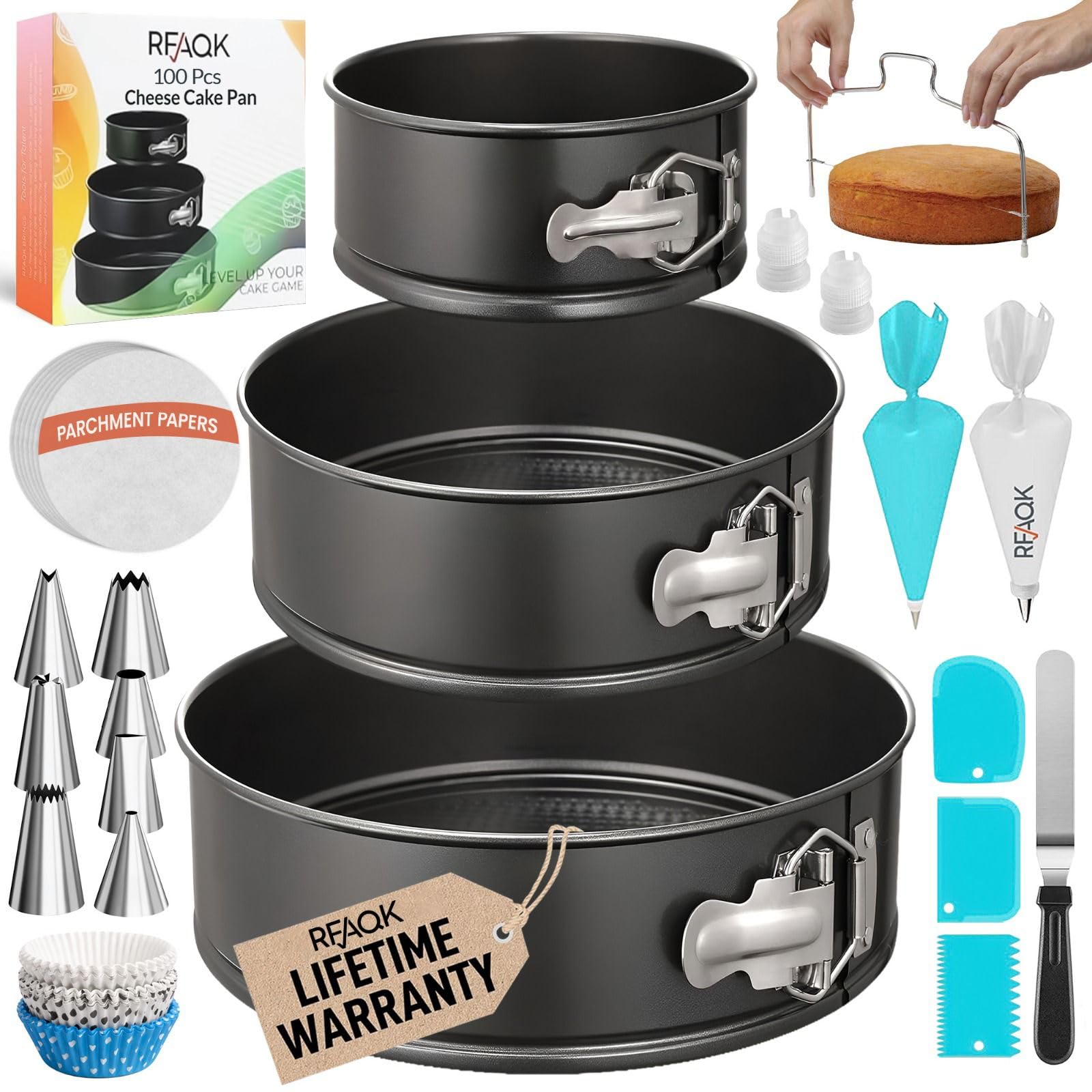 Photo 1 of ***MISSING SMALL PAN***
RFAQK 100pcs Cake Pan Sets for Baking + Cake Decorating Supplies: 3 Non-Stick Springform Pans Set (4, 7, 9 inches), Icing Tips, Cake Leveler – Multi-functional Leak-Proof CheeseCake Pan & eBook