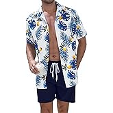 UOUA Men's Beach 2 Piece Outfits Hawaiian Flower Button Down Shirts and Shorts Sets