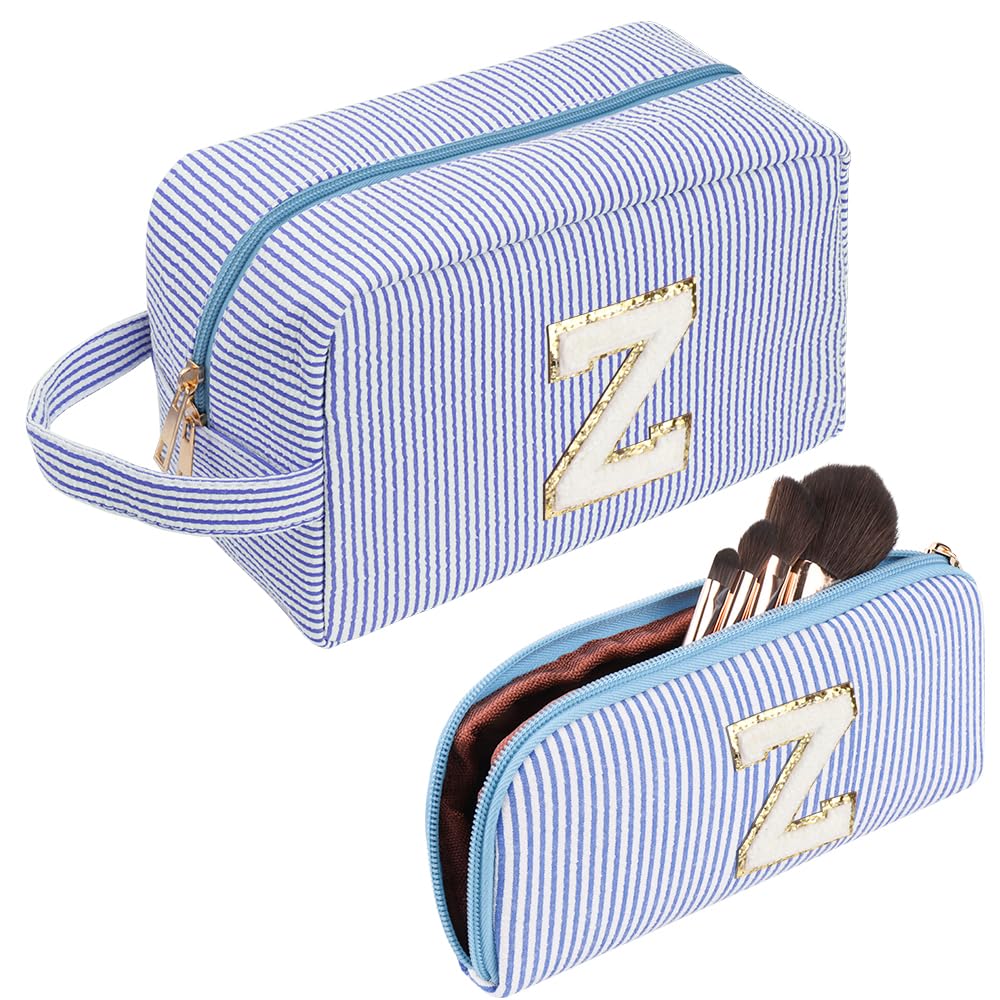 Large Makeup Bag,Travel Makeup Bag,Cute Initials Blue Corduroy Cosmetic Bag,Gift for Woman,Girlfriend,Best Friend,Mom,Daughter with Small Cosmetic Bag (Z)