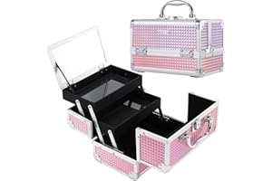 FRENESSA Makeup Train Case Makeup Box Organizer Portable Cosmetic Travel Case Makeup Case with Mirror Locking Make Up Cases Organizers and Storage for Nail Supplies Hard Cosmetic Box Shiny Pink