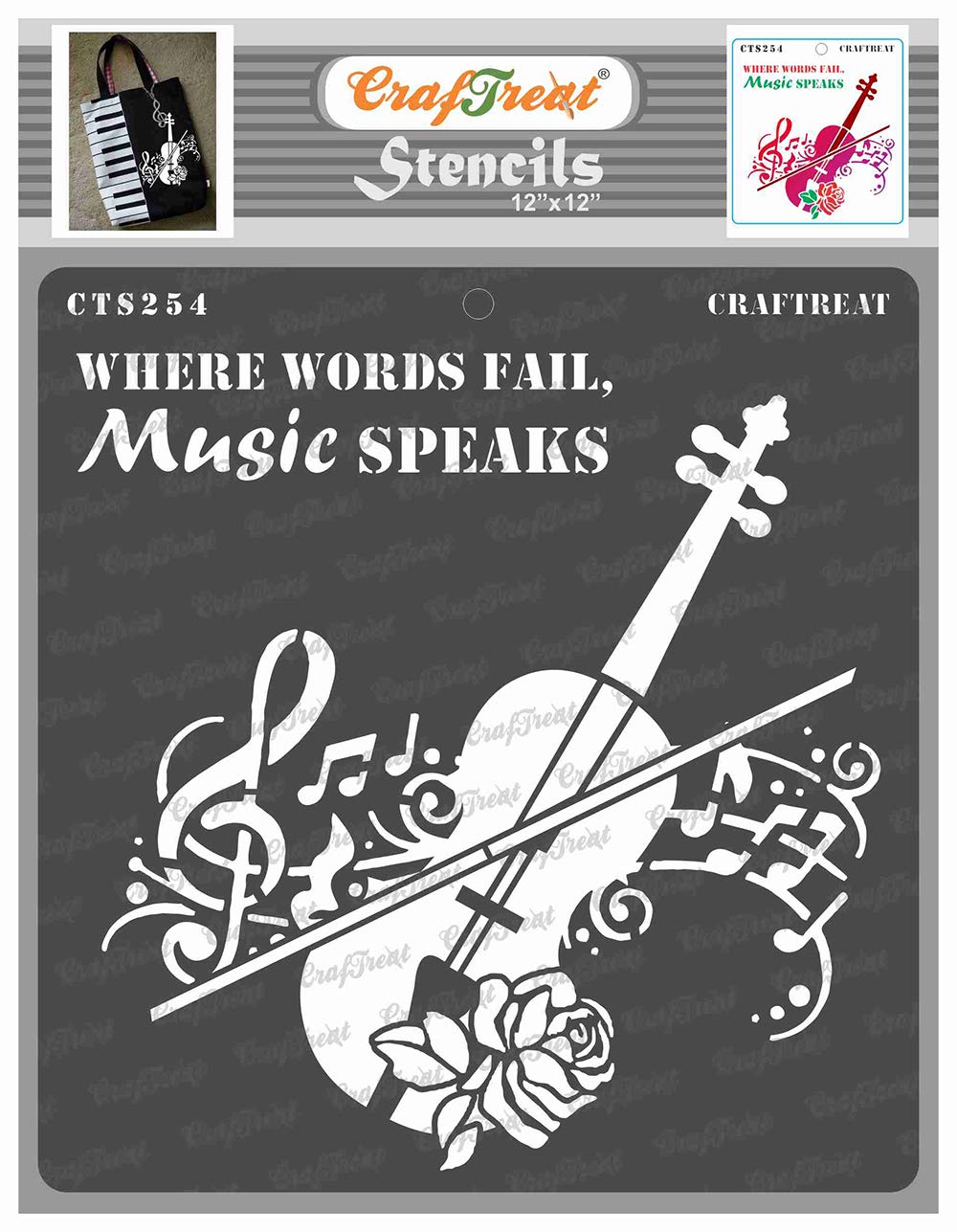 CrafTreat Reusable Music Stencils for Painting on Wood - Music Speaks - Size:12x12 Inch - DIY Art and Craft Stencils for Music - Music Notes Stencil Template - Violin Stencil Templates Music