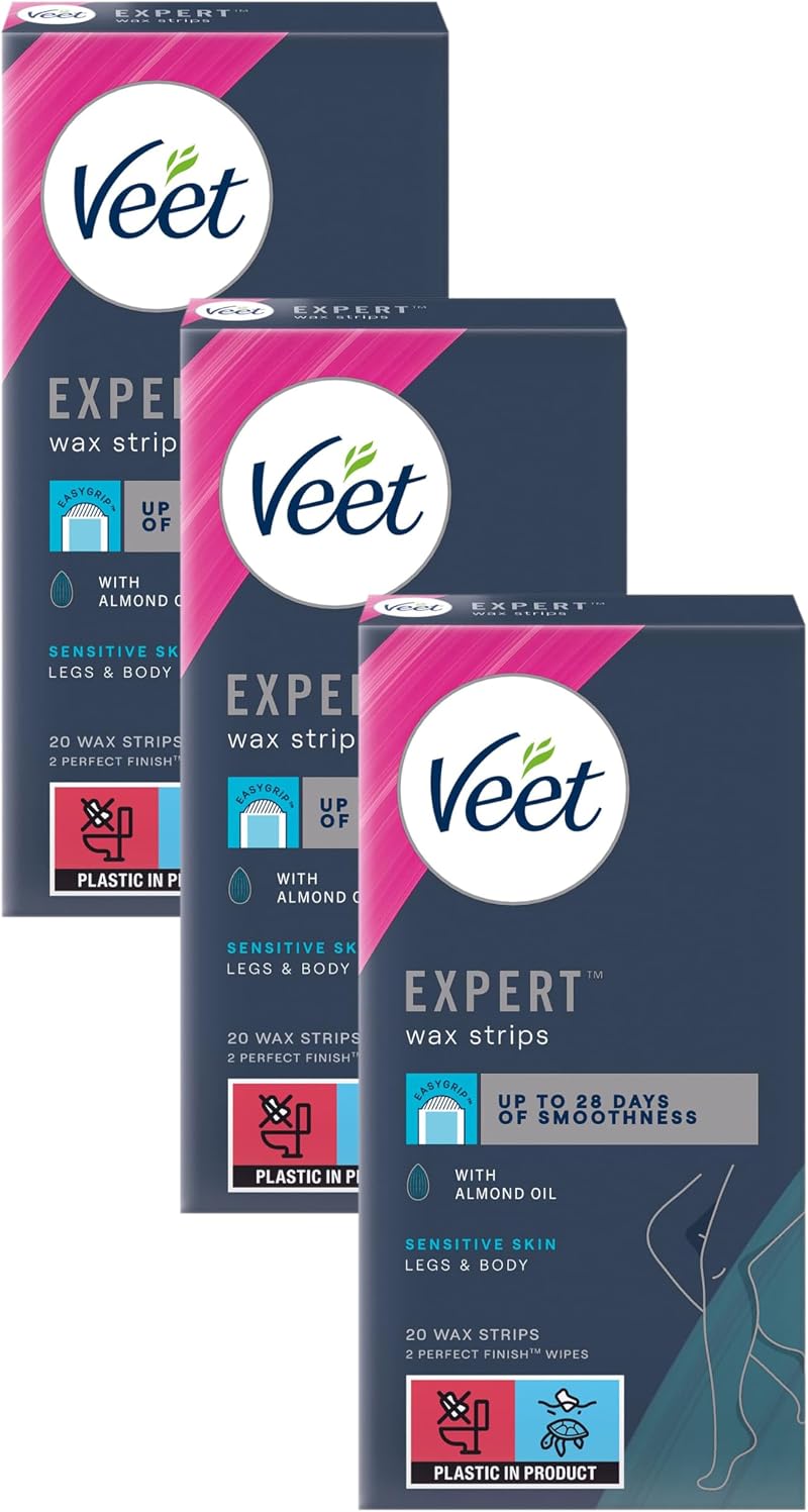 Veet Expert Cold Wax Strips for Legs & Body Sensitive Skin 20 Strips x 3