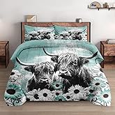 WeCozy Comforter Set Queen Size with 2 Pillowcases, Highland Cow Animal 3 Pcs Bedding for Kids and Adults, Farm Daisy Soft Comforter Set for Bedroom Bed Decor