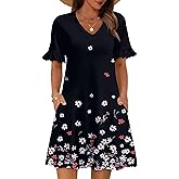 Zeagoo Summer Casual Dresses for Women A Line Sun Dress Ruffle Short Sleeve V Neck Floral Tshirt Dress with Pockets