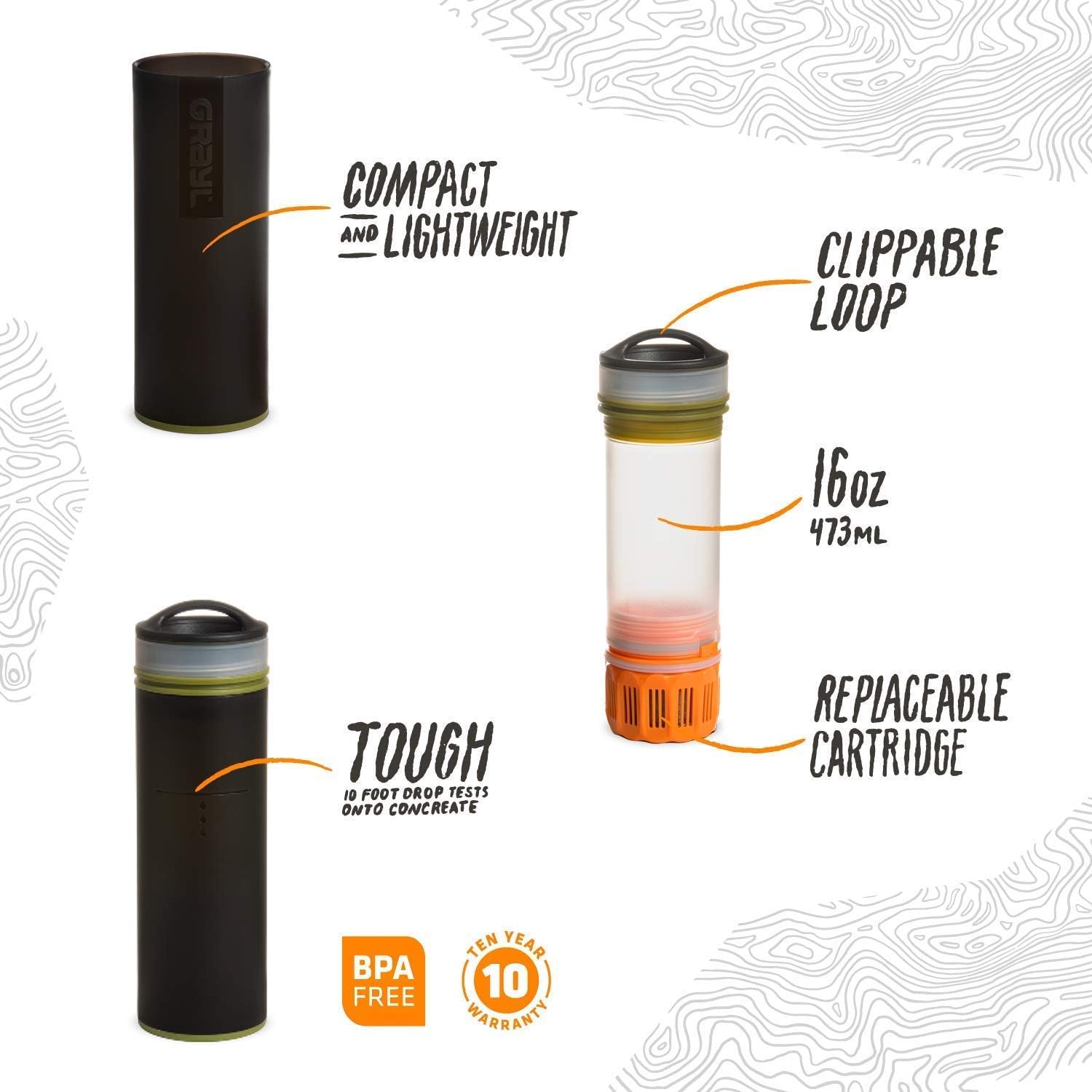 GRAYL Ultralight Water Purifier Bottle + Extra Filter Cartridge [Bundle] for Hiking, Travel, and Emergency Preparedness - Camo Black : Sports & Outdoors