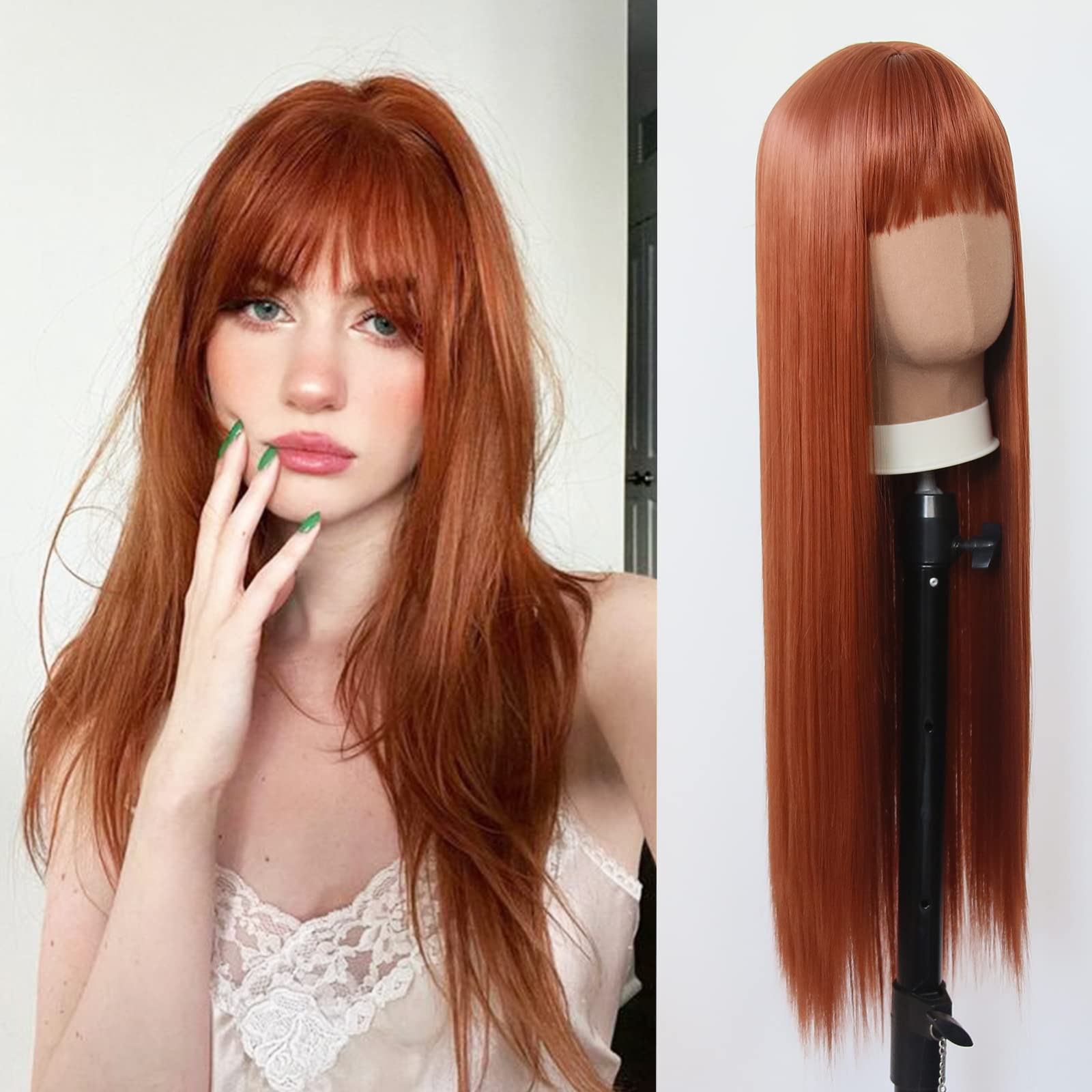 Towarm Ginger Wig with Bangs Long Straight Copper Brown Wig with Fringe Natural Fashion Heat Resistant Ladies Full Wigs Cosplay Daily Wear Wig (Ginger, Straight) — image 1