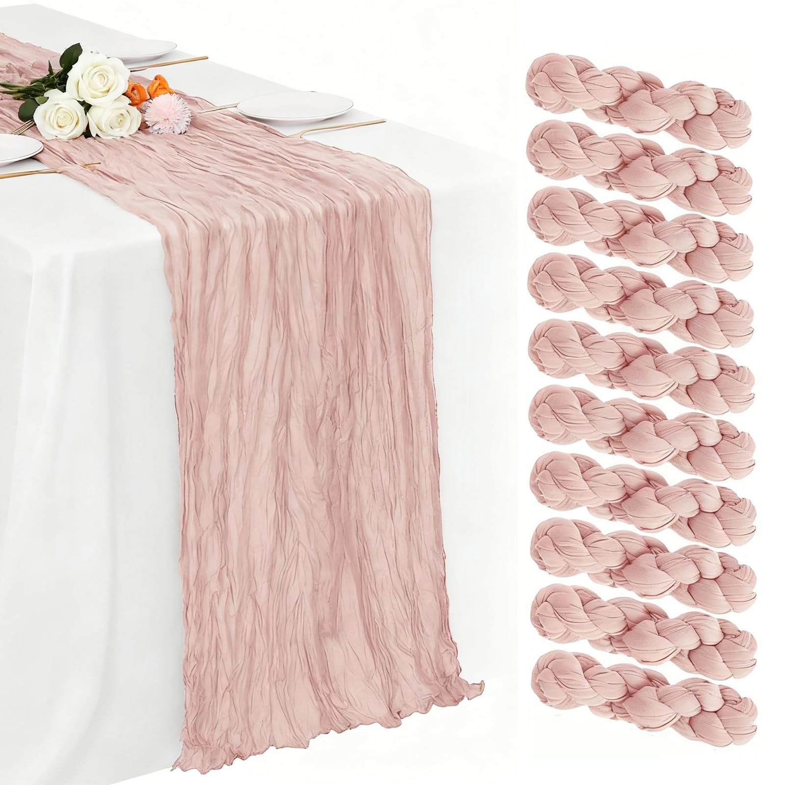 Photo 1 of 10 Pack Dusty Pink Cheesecloth Table Runner 120 Inch 10 FT Boho Gauze Cheese Cloth Long Table Runner Romantic Rustic Sheer Runners for Wedding Baby Shower Home Decor Holiday Decorations