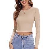 Crew Neck Long Sleeve Crop Tops for Woman Workout Basics Fitted Cute Tshirts for Teen Girl Y2k Casual 2026 (S-L)