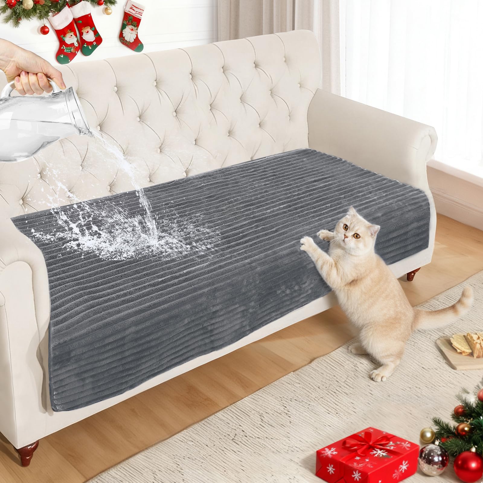NAISI Couch Covers for Dogs Waterproof Flannel Striped Sofa Cover Pet Friendly Washable Dog Mat for Couch Anti Slip Sectional Sofa Slipcover Protector(1pc/35"x 94",Dark Grey)