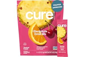 Cure Hydration | Plant-Based Electrolyte Drink Mix | No Added Sugar | FSA & HSA | Dehydration Relief Powder Made with Coconut Water | Non-GMO | Vegan | Pouch of 14 Packets - Tropical Punch