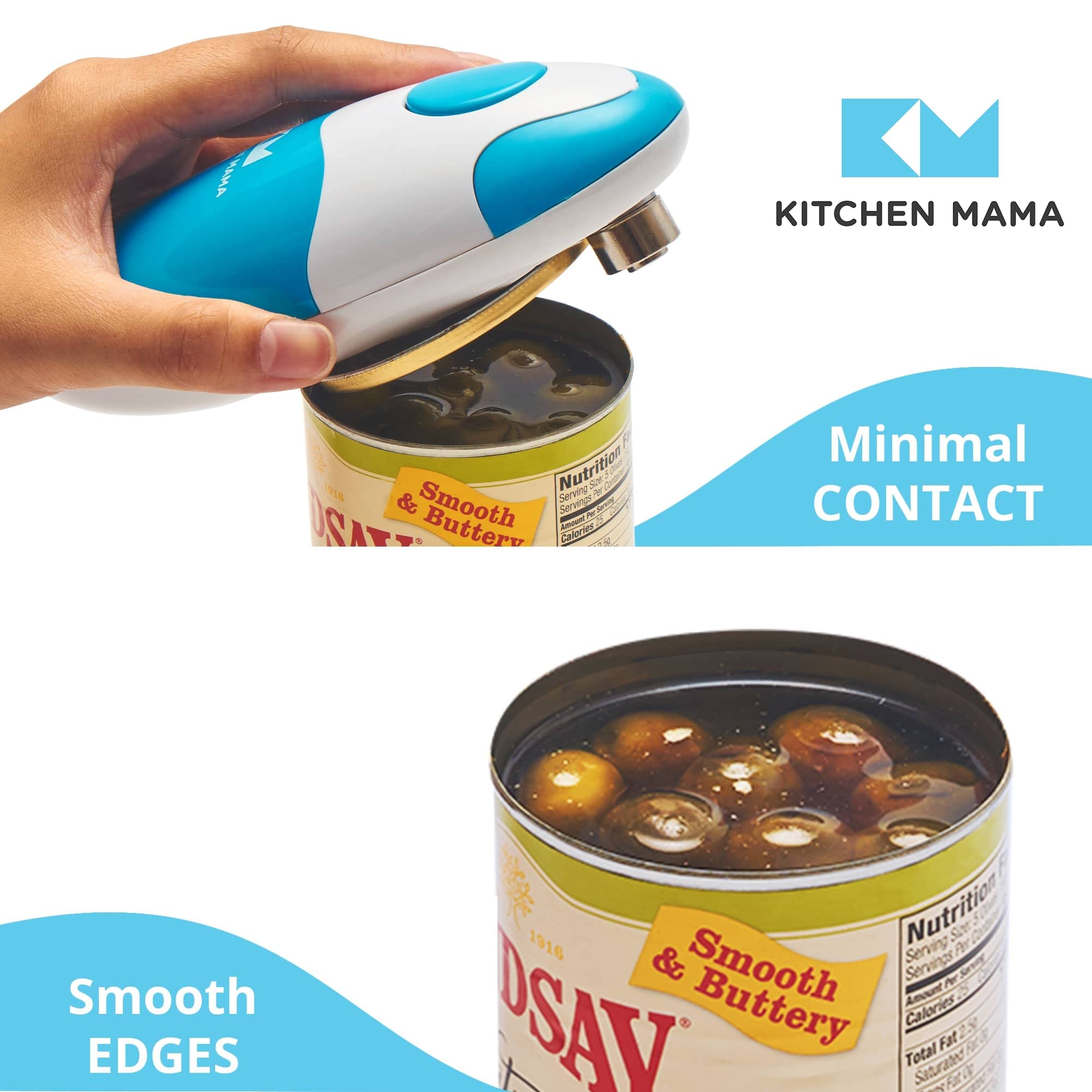 Kitchen Mama Auto Electric Can Opener : Open Your Cans with A Simple Press of Button - Automatic, Hands Free, Smooth Edge, Food-Safe, Battery Operated, YES You CAN (Sky Blue)