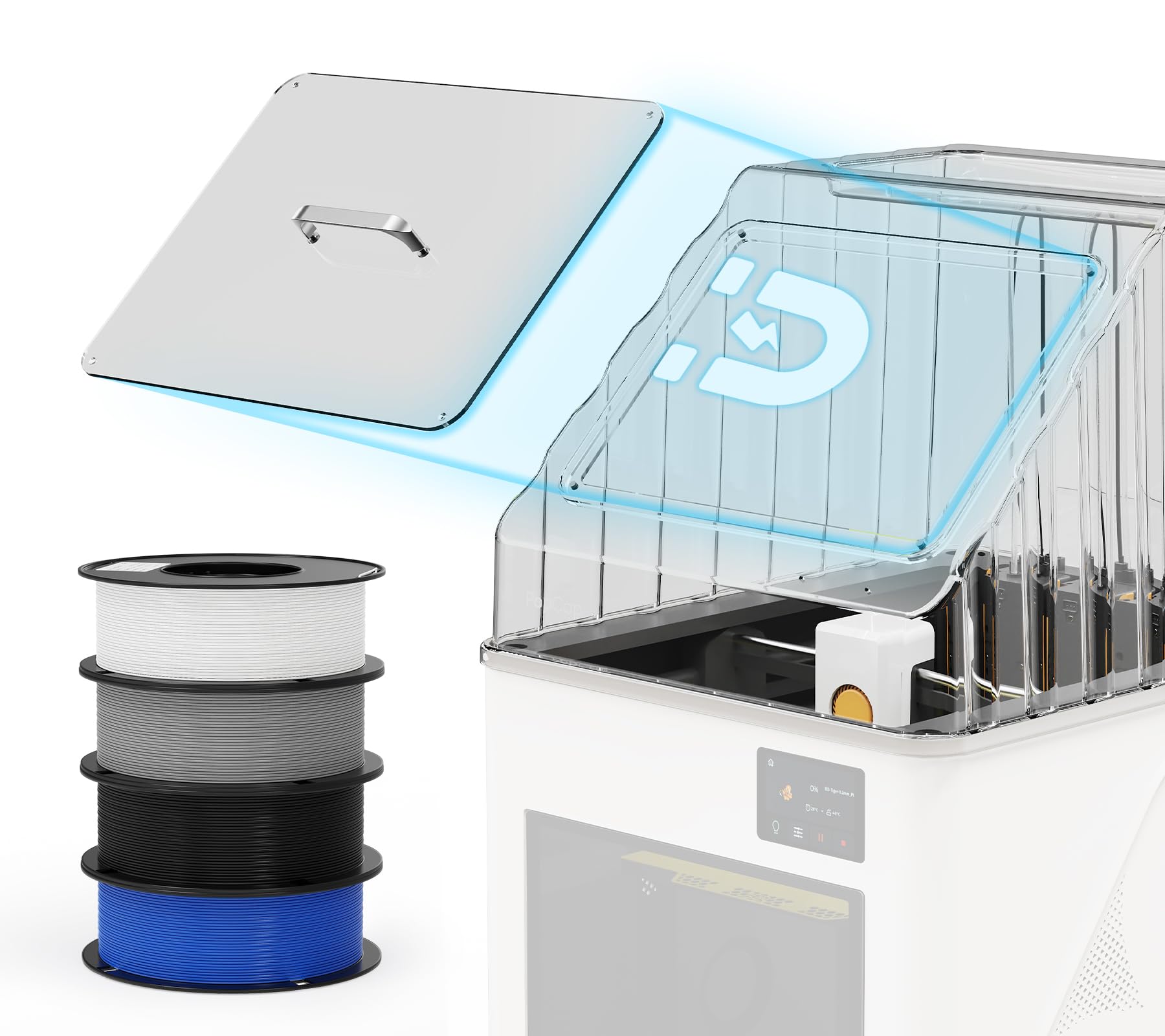 BIQU PopCap Cubierta superior transparente para Snapmaker-U1 con filamento PLA de 4 kg (2,2 lb × 4), carcasa transparente de PC resistente a altas temperaturas, escotilla magnética aislada y a prueba de polvo, bandeja de herramientas integrada que reduce 