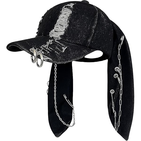 THESSNCE Y2k Hat Punk Hats Denim Bunny Hat Chains Distressed