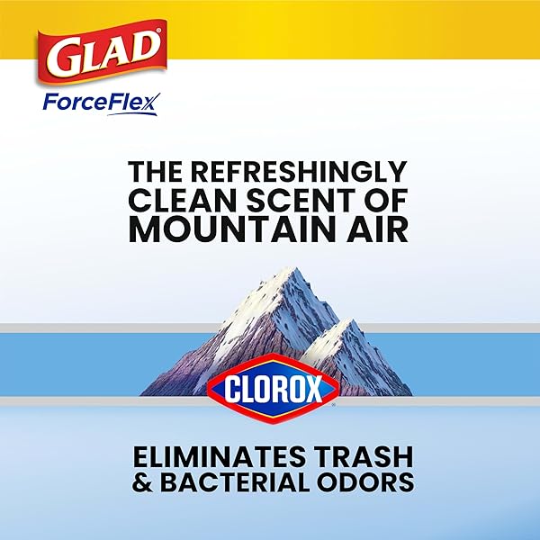 GLAD LARGE 30 GALLON TRASH BAGS, CLOROX MOUNTAIN AIR HEAVY DUTY GARBAGE BAGS, FORCEFLEX WITH DRAWSTRING, 50 COUNT (PACKAGING MAY VARY)