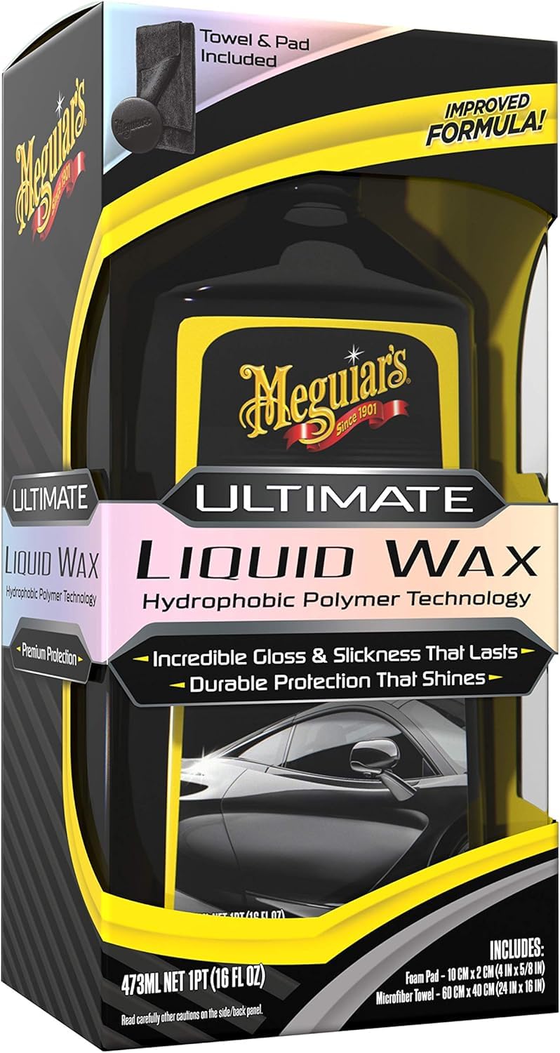 Meguiar's Ultimate Liquid Wax 473ml, Improved Liquid Car Wax Formula for Durable Protection that Shines, Premium Towel and Applicator Pad Car Accessories Included - G210516EU