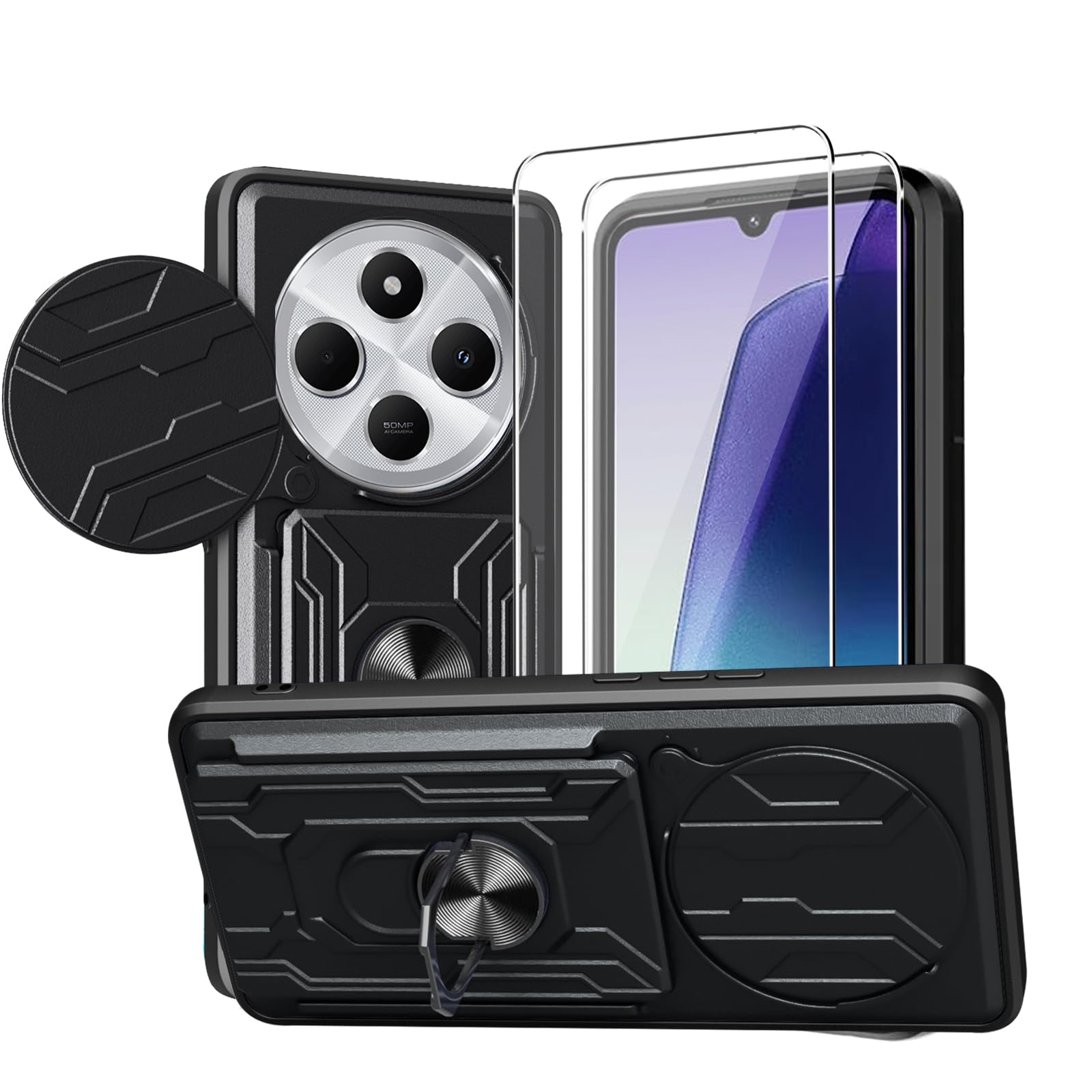 KZIOACSH Case for POCO M7 5G/Redmi 14C 4G/A4 5G/Poco C75 4G/5G, Military-Grade [Built-in Kickstand][Slide Camera Cover][Removable Card Holder] Anti-Scratch Bumper Cover with 2 Tempered Glass Black